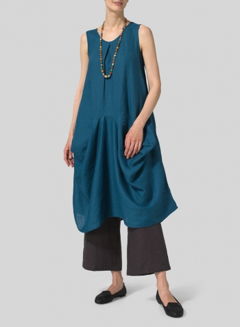 Peacock Blue Linen Sleeveless Draped Dress Set