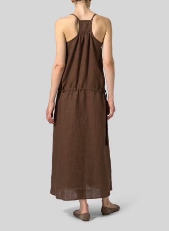 Brown Linen Half Button-Down Sleeveless Dress