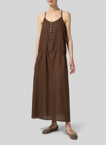 Brown Linen Half Button-Down Sleeveless Dress