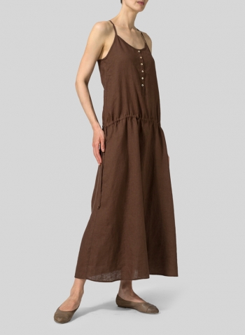 Brown Linen Half Button-Down Sleeveless Dress