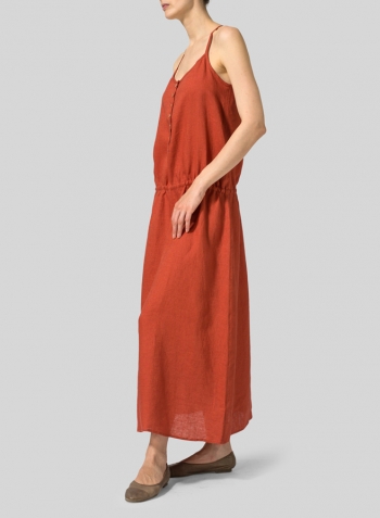 Burnt Orange Linen Half Button-Down Sleeveless Dress
