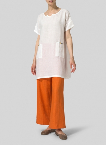 White Linen Sweetheart Neckline S/S Tunics