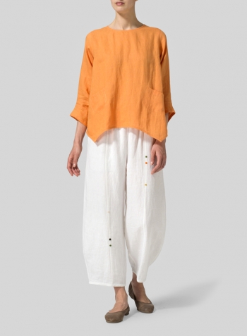 Orange Linen Round Neck 3/4 Sleeve Top