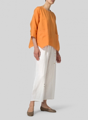 Orange Linen Round Neck 3/4 Sleeve Top