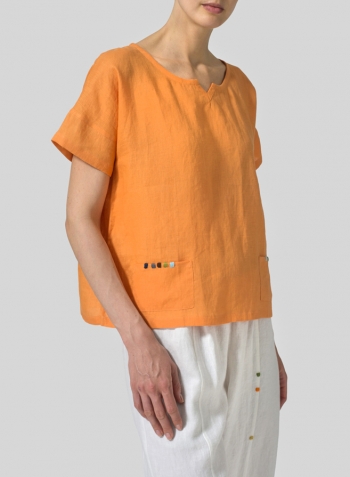 Orange Linen Boxy Fit Embroidery Pocket Top