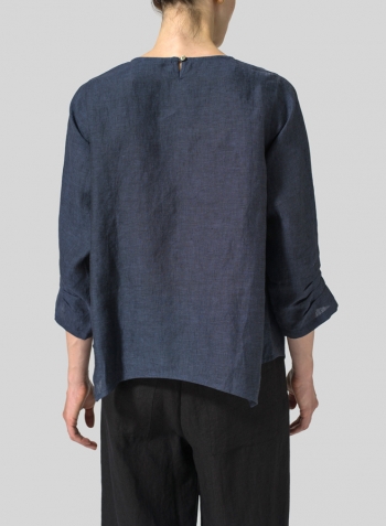Dark Denim Linen Round Neck 3/4 Sleeve Top