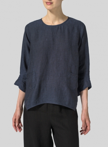Dark Denim Linen Round Neck 3/4 Sleeve Top