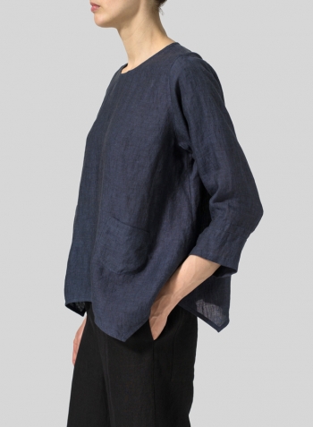 Dark Denim Linen Round Neck 3/4 Sleeve Top