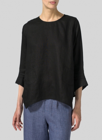 Black Linen Round Neck 3/4 Sleeve Top