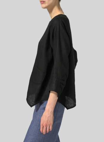 Black Linen Round Neck 3/4 Sleeve Top