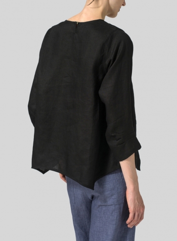 Black Linen Round Neck 3/4 Sleeve Top