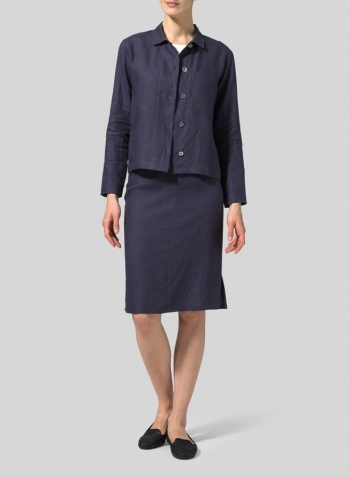 Blue Violet Linen Straight Skirt Set