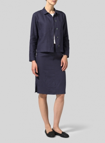 Blue Violet Linen Straight Skirt Set