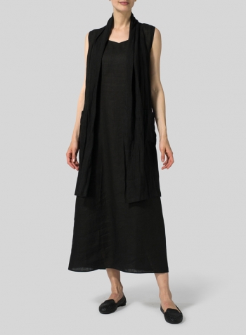 Black Linen Hi-Lo Hem Vest Set