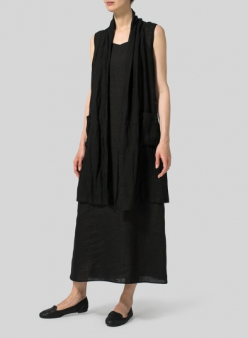 Black Linen Hi-Lo Hem Vest Set