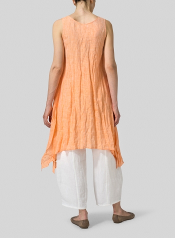 Sun Orange Linen Sleeveless Crumple Effect Long Dress