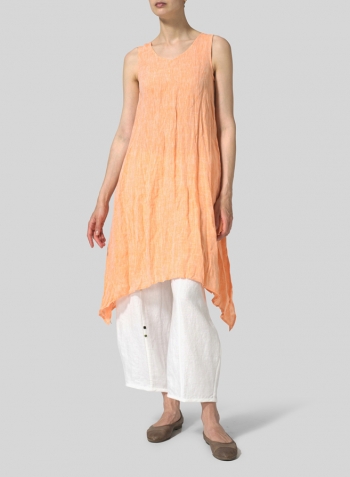 Sun Orange Linen Sleeveless Crumple Effect Long Dress