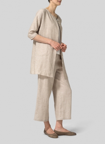 Two Tone Beige Linen Round Neck Button Front Top Set