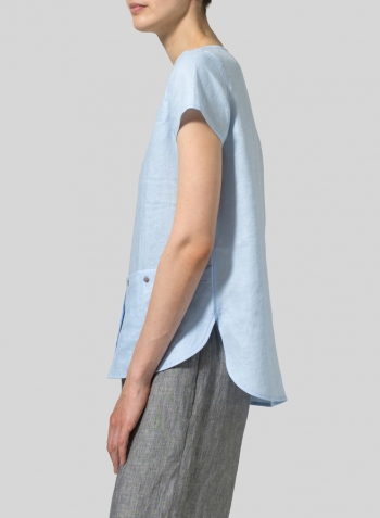 Light Blue Linen Cap Sleeve Blouse