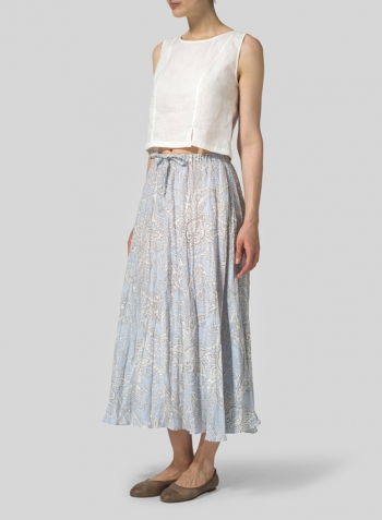 Blue Paisley Waves Linen Long Flared Skirt