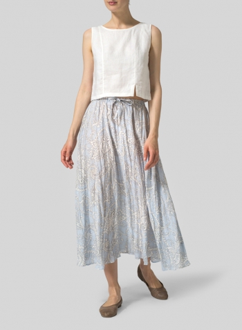 Blue Paisley Waves Linen Long Flared Skirt