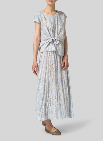 Blue Paisley Weave Linen Long Flared Skirt Set
