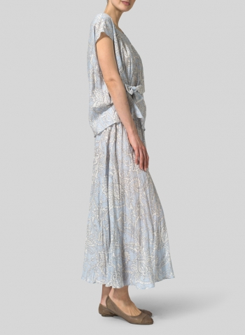 Blue Paisley Weave Linen Long Flared Skirt Set