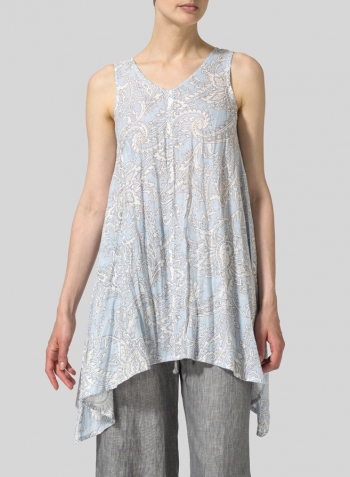 Blue Paisley Waves Linen Printed Sleeveless V-Neck A-shape Top