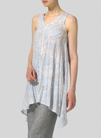 Blue Paisley Waves Linen Sleeveless V-Neck A-shape Top