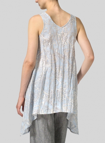 Blue Paisley Waves Linen Sleeveless V-Neck A-shape Top