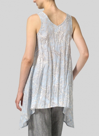 Blue Paisley Waves Linen Printed Sleeveless V-Neck A-shape Top