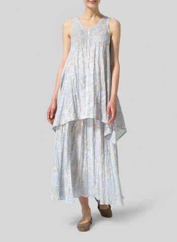 Blue Paisley Waves Linen Sleeveless V-Neck A-shape Top Set