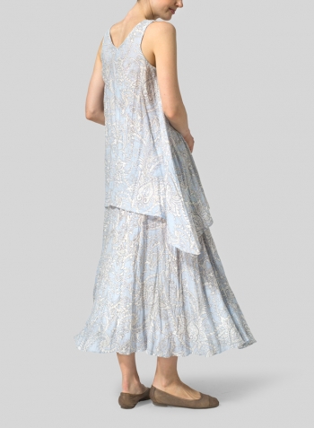 Blue Paisley Waves Linen Sleeveless V-Neck A-shape Top Set