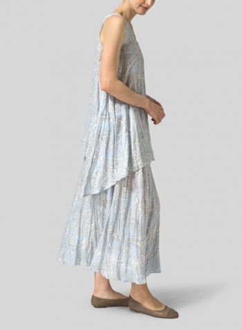 Blue Paisley Waves Linen Sleeveless V-Neck A-shape Top Set