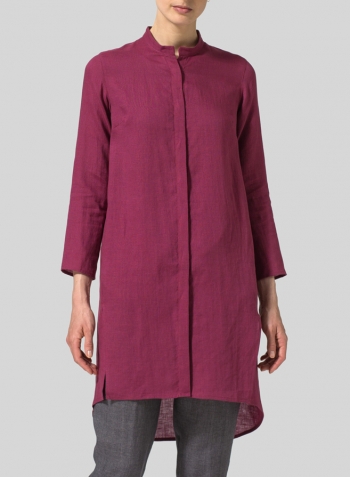 Red Violet Linen Shirt Dress with Mandarin Collar