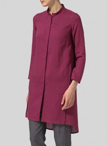 Red Violet Linen Shirt Dress with Mandarin Collar