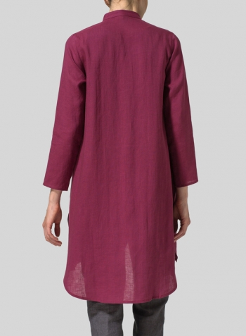 Red Violet Linen Shirt Dress with Mandarin Collar