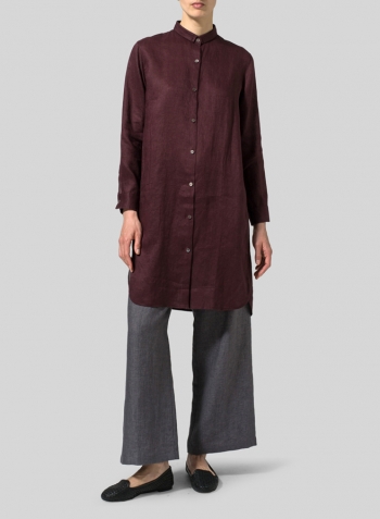 Burgundy Linen Stand Collar Long Shirt