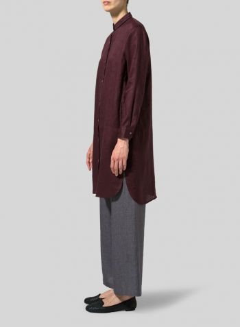 Burgundy Linen Stand Collar Long Shirt