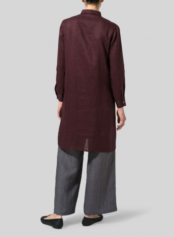 Burgundy Linen Stand Collar Long Shirt