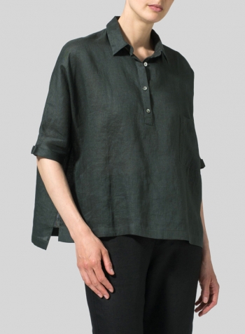 Dark Green Linen Classic Collar Short Sleeves Shirt