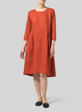 Burnt Orange Linen Empire Waist Midi Dress