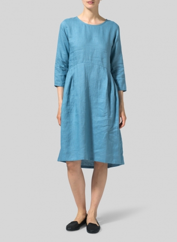 Pale Blue Linen Empire Waist Midi Dress