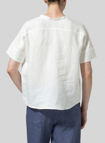Soft White Linen Sloped Shoulder Wide Boxy V-neck Cropped Top  