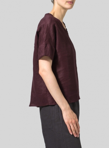 Burgundy Linen Sloped Shoulder Wide Boxy V-neck Cropped Top  