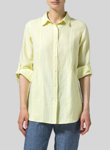 Mist Yellow Linen Long Sleeve Uneven Hem Shirt