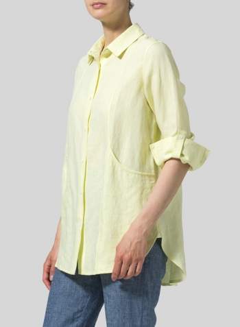 Mist Yellow Linen Long Sleeve Uneven Hem Shirt