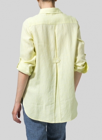 Mist Yellow Linen Long Sleeve Uneven Hem Shirt