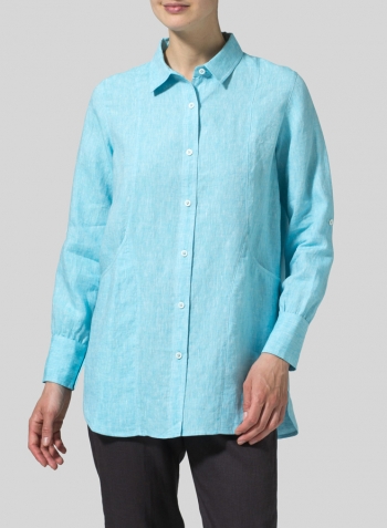 Aqua Blue Linen Long Sleeve Uneven Hem Shirt