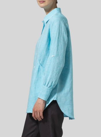 Aqua Blue Linen Long Sleeve Uneven Hem Shirt